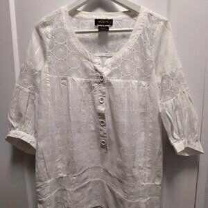 KOPA Women's White 100% Cotton Button Down Tunic w/Lace Trim - XS